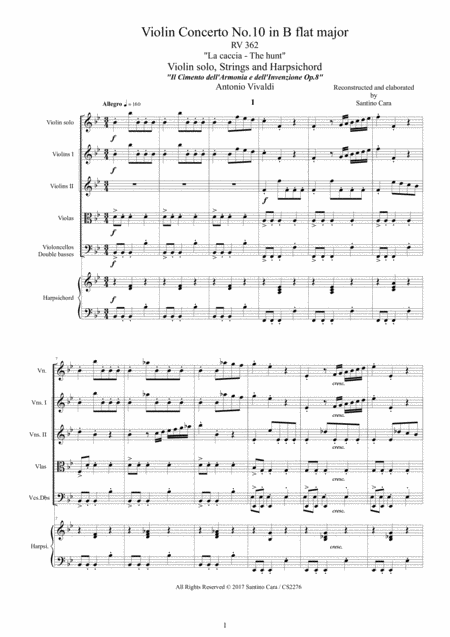 Free Sheet Music Vivaldi Violin Concerto No 10 In B Flat Rv 362 La Caccia Op 8 For Violin Strings And Harpsichord