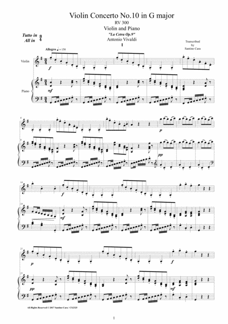 Free Sheet Music Vivaldi Violin Concerto No 10 In G Major Rv 300 Op 9 For Violin And Piano