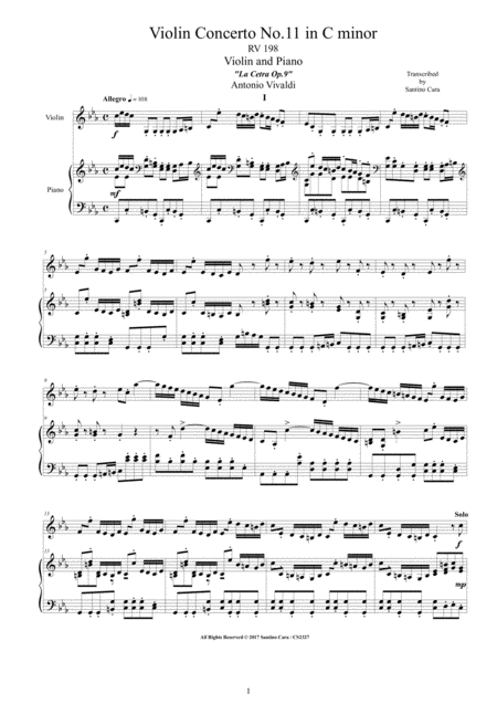 Free Sheet Music Vivaldi Violin Concerto No 11 In C Minor Rv 198 Op 9 For Violin And Piano