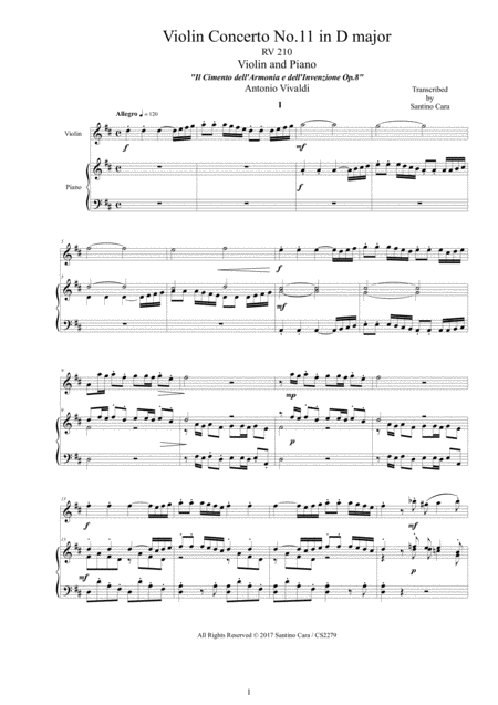 Vivaldi Violin Concerto No 11 In D Major Rv 210 Op 8 For Violin And Piano Sheet Music