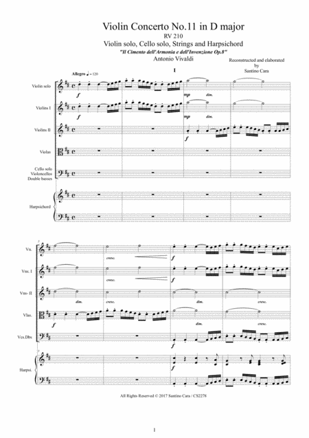 Free Sheet Music Vivaldi Violin Concerto No 11 In D Major Rv 210 Op 8 For Violin Strings And Harpsichord