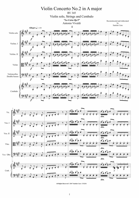 Vivaldi Violin Concerto No 2 In A Major Rv 345 For Violin Strings And Cembalo Sheet Music