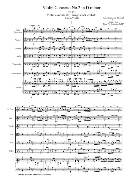 Vivaldi Violin Concerto No 2 In D Minor Rv 244 Op 12 For Violin Strings And Cembalo Sheet Music