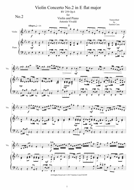 Vivaldi Violin Concerto No 2 In E Flat Major Rv 259 Op 6 For Violin And Piano Sheet Music