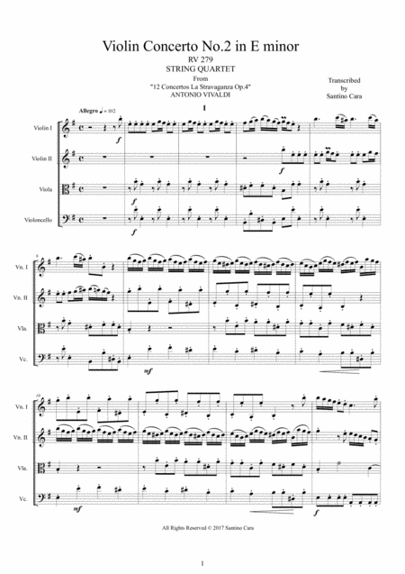 Vivaldi Violin Concerto No 2 In E Minor Op 4 Rv 279 For String Quartet Sheet Music