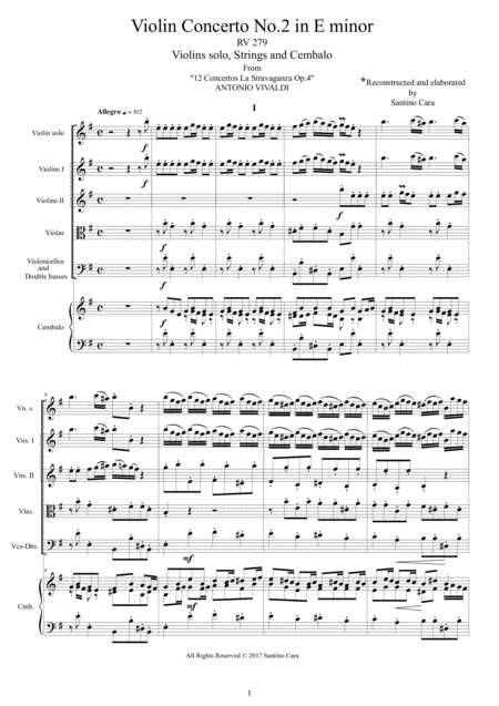 Vivaldi Violin Concerto No 2 In E Minor Op 4 Rv 279 For Violin Solo Strings And Cembalo Sheet Music