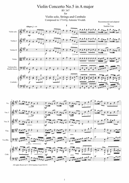 Vivaldi Violin Concerto No 5 In A Major Op 4 Rv 347 For Violin Solo Strings And Cembalo Sheet Music