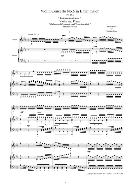 Free Sheet Music Vivaldi Violin Concerto No 5 In E Flat La Tempesta Di Mare Rv 253 Op 8 For Violin And Piano