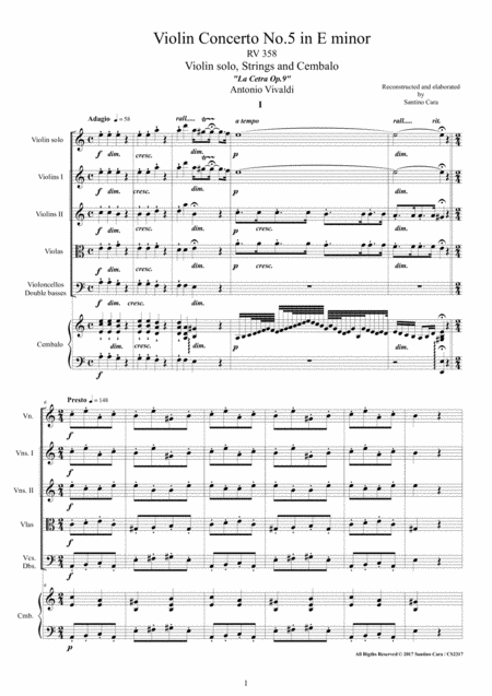 Free Sheet Music Vivaldi Violin Concerto No 5 In E Minor Rv 358 Op 9 For Violin Strings And Cembalo