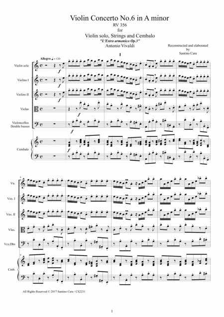 Free Sheet Music Vivaldi Violin Concerto No 6 In A Minor Rv 356 Op 3 For Violin Strings And Cembalo