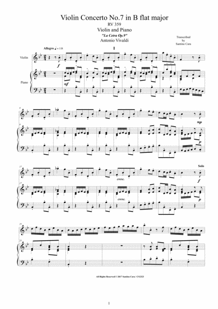 Free Sheet Music Vivaldi Violin Concerto No 7 In B Flat Rv 359 Op 9 For Violin And Piano
