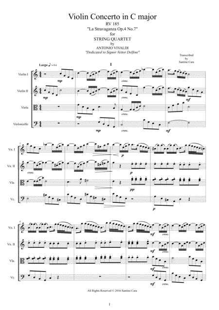 Vivaldi Violin Concerto No 7 In C Major Rv 185 Op 4 For String Quartet Sheet Music