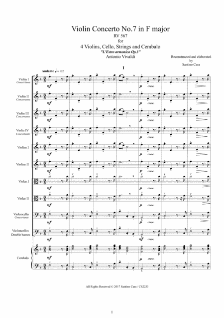 Free Sheet Music Vivaldi Violin Concerto No 7 In F Major Rv 567 Op 3 For 4 Violins Cello Strings And Cembalo