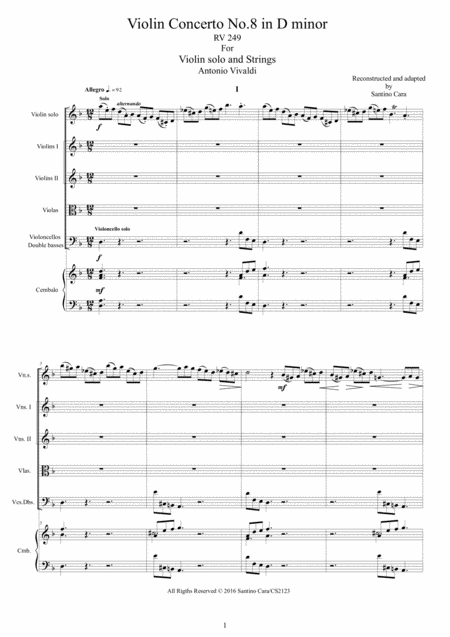 Free Sheet Music Vivaldi Violin Concerto No 8 In D Minor Op 4 Rv 249 For Violin Solo Strings And Cembalo