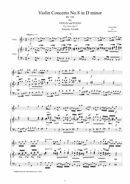 Vivaldi Violin Concerto No 8 In D Minor Rv 238 For Violin And Piano Sheet Music