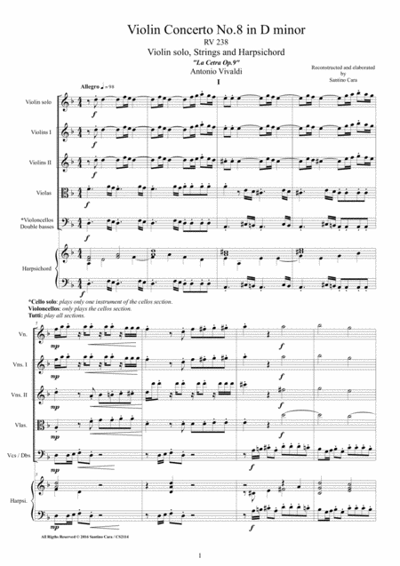 Vivaldi Violin Concerto No 8 In D Minor Rv 238 For Violin Strings And Harpsichord Sheet Music