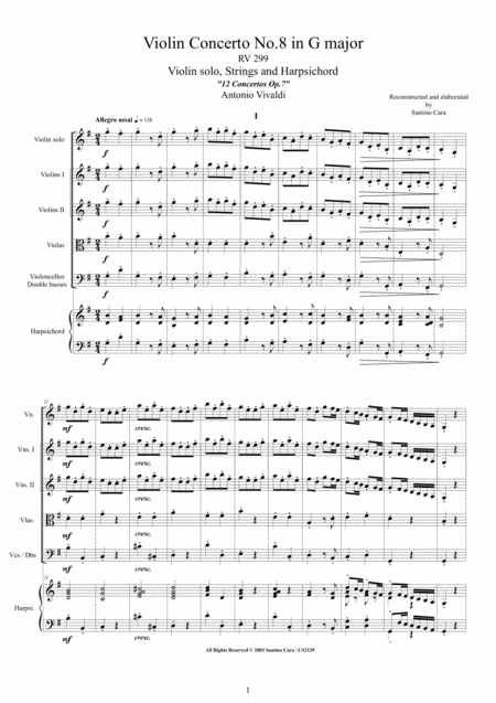 Vivaldi Violin Concerto No 8 In G Major Rv 299 Op 7 For Violin Solo Strings And Harpsichord Sheet Music