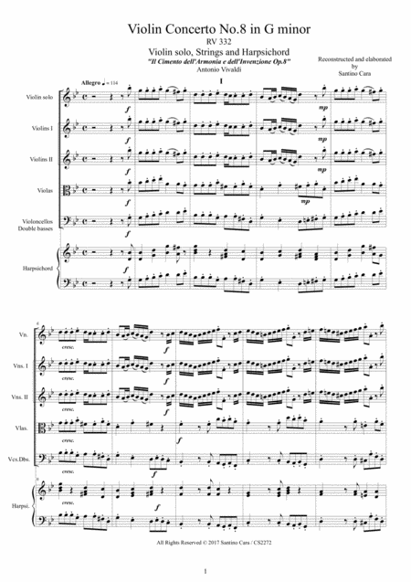 Vivaldi Violin Concerto No 8 In G Minor Rv 332 Op 8 For Violin Solo Strings And Harpsichord Sheet Music