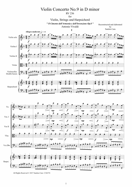 Vivaldi Violin Concerto No 9 In D Minor Rv 236 Op 8 For Violin Strings And Harpsichord Sheet Music