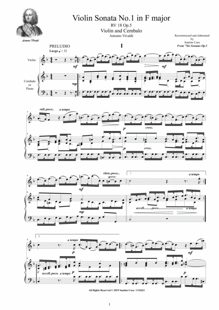 Free Sheet Music Vivaldi Violin Sonata No 1 In F Major Rv 18 Op 5 For Violin And Cembalo Or Piano