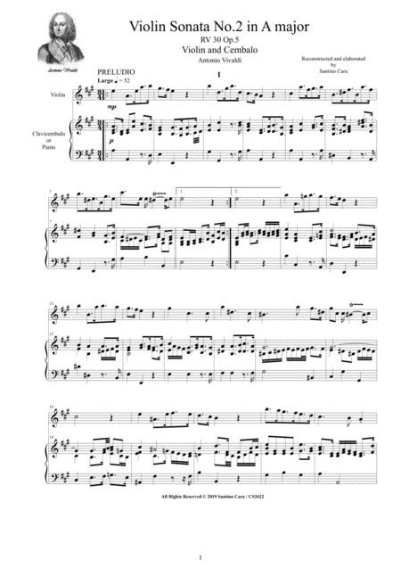 Free Sheet Music Vivaldi Violin Sonata No 2 In A Major Rv 30 Op 5 For Violin And Cembalo Or Piano