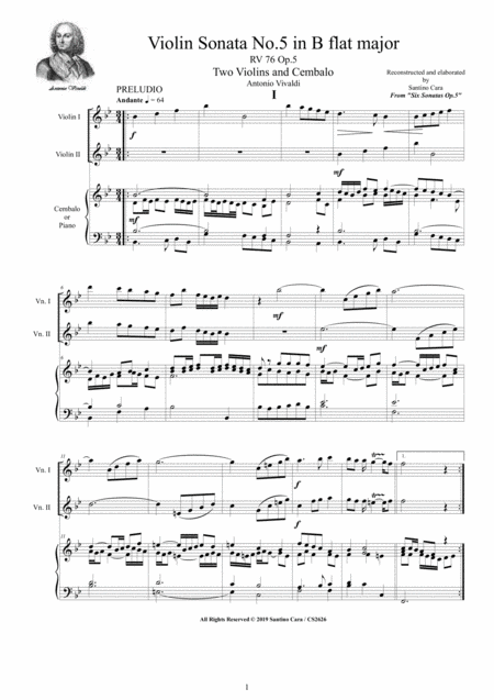 Free Sheet Music Vivaldi Violin Sonata No 5 In B Flat Rv 76 Op 5 For Two Violins And Cembalo Or Piano