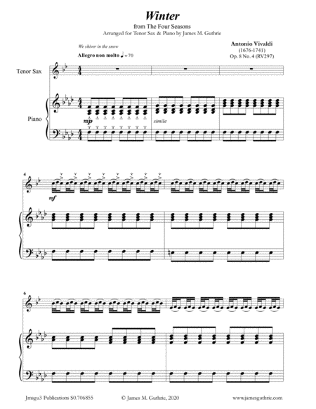 Vivaldi Winter From The Four Seasons For Tenor Sax Piano Sheet Music