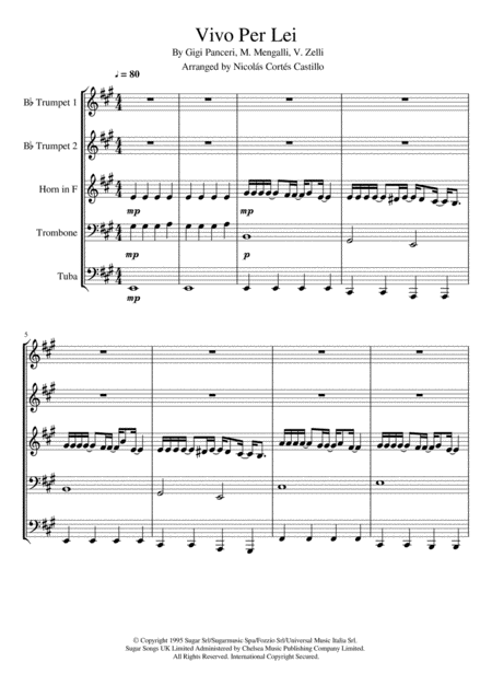 Vivo Per Lei Brass Quintet Sheet Music