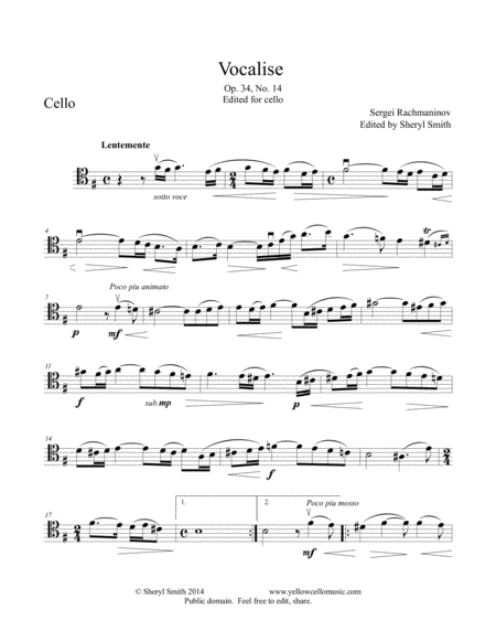 Vocalise Arranged For Cello E Minor And C Minor Versions Cello Part Only Sheet Music