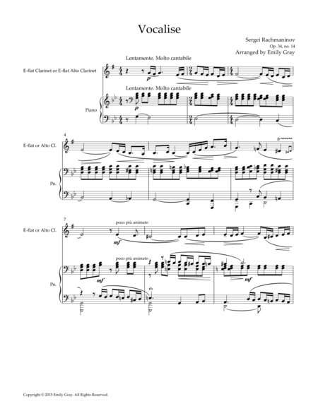 Vocalise For E Flat Or Alto Clarinet And Piano Sheet Music