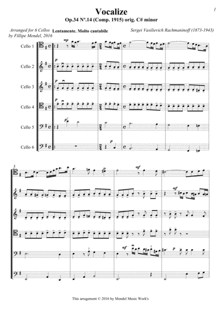 Free Sheet Music Vocalize Op 34 No 14 Comp 1915 Orig C Minor Arranged For 6 Cellos