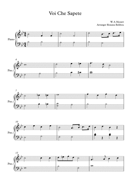 Free Sheet Music Voi Che Sapete By Mozart Easy Piano