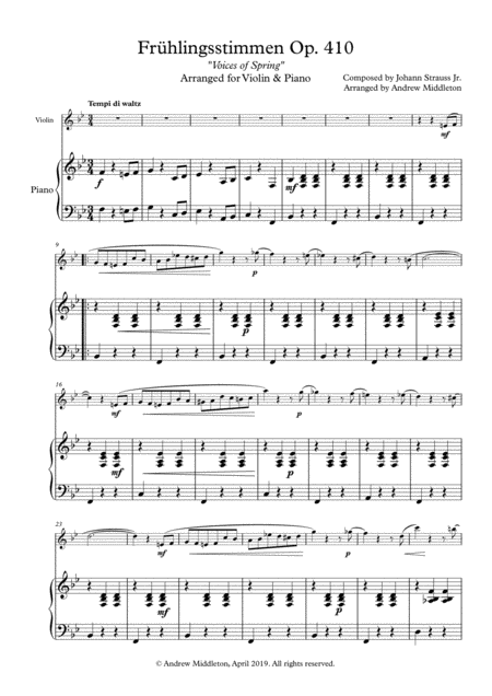 Voices Of Spring Arranged For Violin And Piano Sheet Music