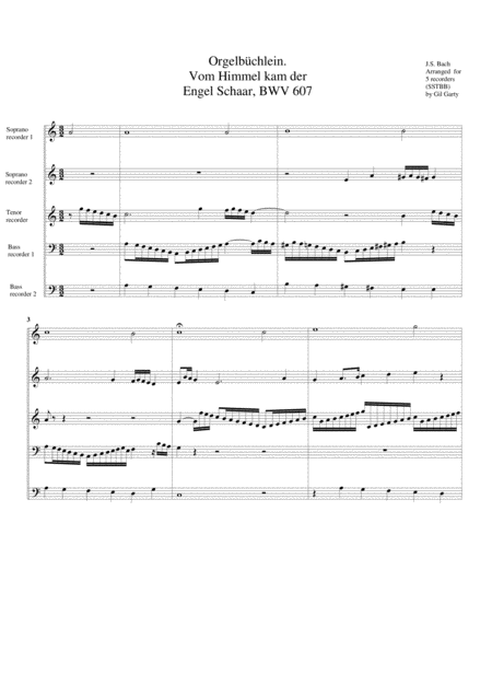 Vom Himmel Kam Der Engel Schaar Bwv 607 From Orgelbuechlein Arrangement For 5 Recorders Sheet Music