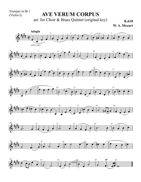 W A Mozart Ave Verum Corpus Arr For Choir Brass Quintet Original Key Instrument Parts Only Sheet Music