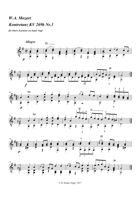 Free Sheet Music W A Mozart Country Dance Kv 269b No 1 For Guitar Solo