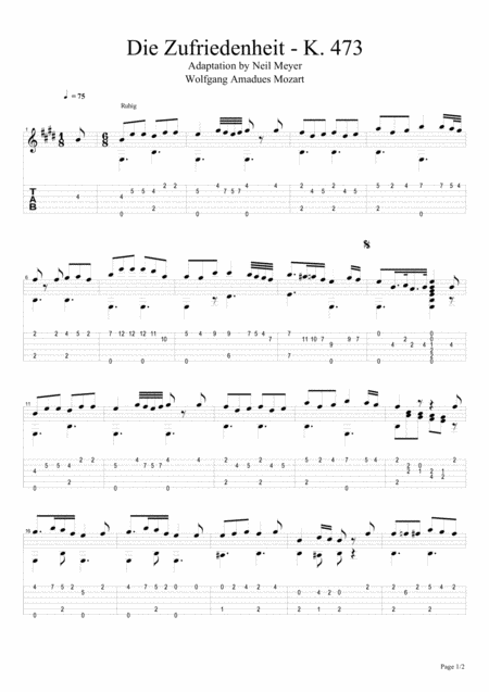 W A Mozart Die Zufriedenheit K 473 For Guitar With Tabs Sheet Music