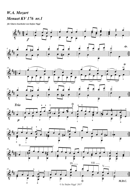 Free Sheet Music W A Mozart Menuet Kv 176 No 1 For Guitar Solo