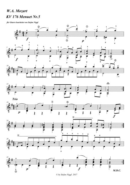 Free Sheet Music W A Mozart Menuet Kv 176 No 5 For Guitar Solo