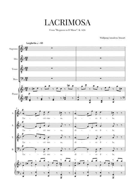 Free Sheet Music W A Mozart Requiem Lacrimosa Satb And Piano Accompaniment