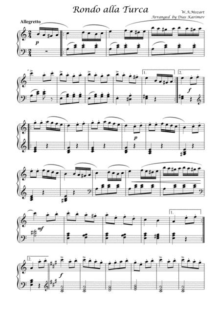 W A Mozart Rondo Alla Turca In Easy Piano Arrangement Sheet Music