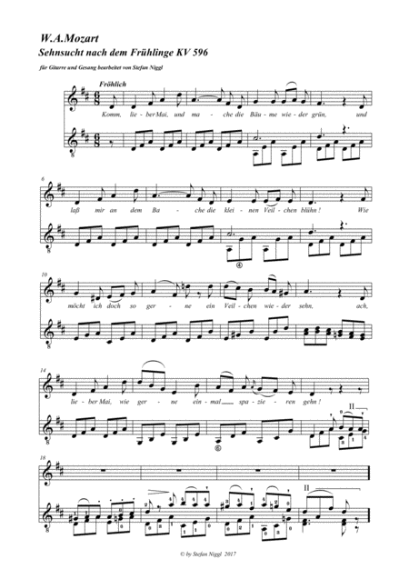 W A Mozart Sehnsucht Nach Dem Frhlinge Kv 596 For Voice And Guitar Sheet Music