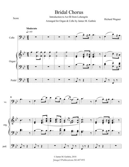 Wagner Bridal Chorus For Cello Organ Sheet Music