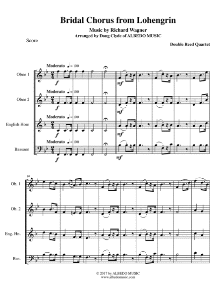 Wagner Bridal Chorus From Lohengrin For Double Reed Quartet Sheet Music