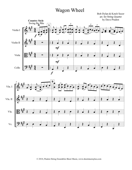 Wagon Wheel For String Quartet Sheet Music