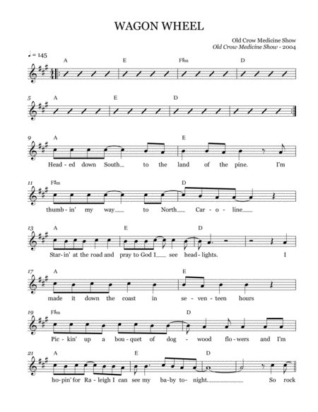 Wagon Wheel Leadsheet Melody Notated Sheet Music