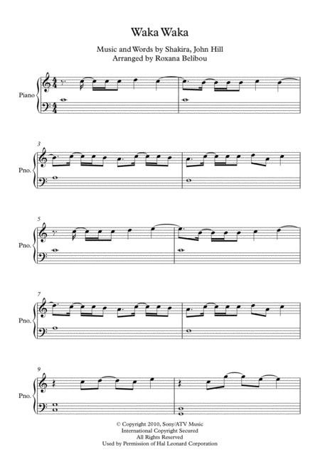 Waka Waka This Time For Africa C Major By Shakira Easy Piano Sheet Music