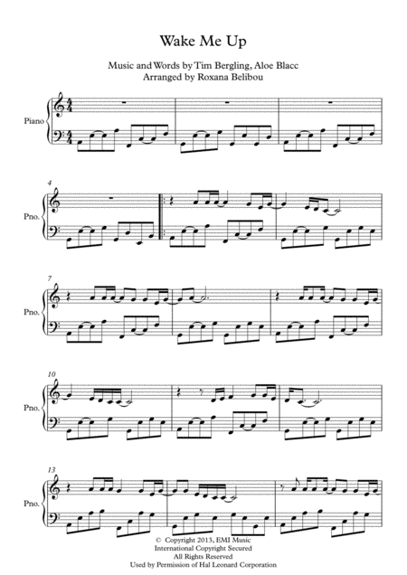 Wake Me Up C Major By Avicii Piano Sheet Music