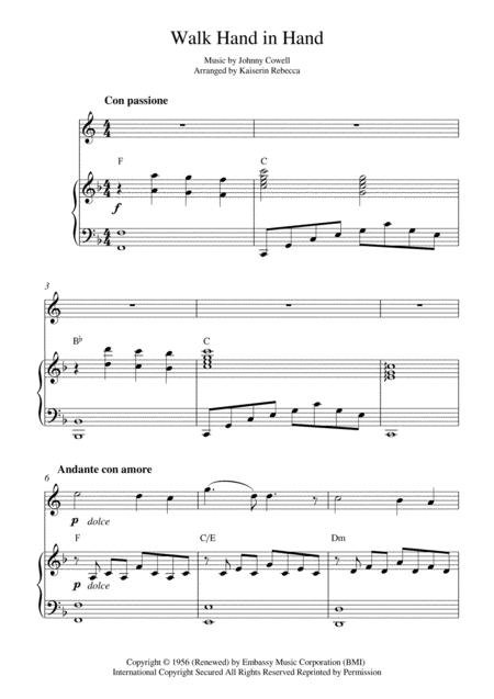 Free Sheet Music Walk Hand In Hand English Horn Solo And Piano Accompaniment With Chords