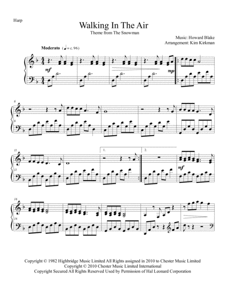 Free Sheet Music Walking In The Air For Harp In D Minor Original Key No Lever Changes